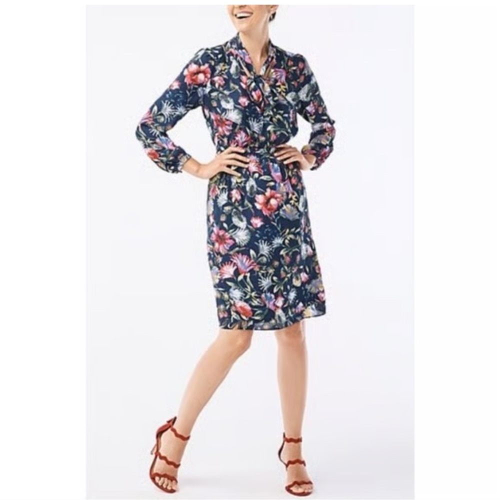 J Crew High Neck Tie Floral Long Sleeve Dress Tropical Print Size XS